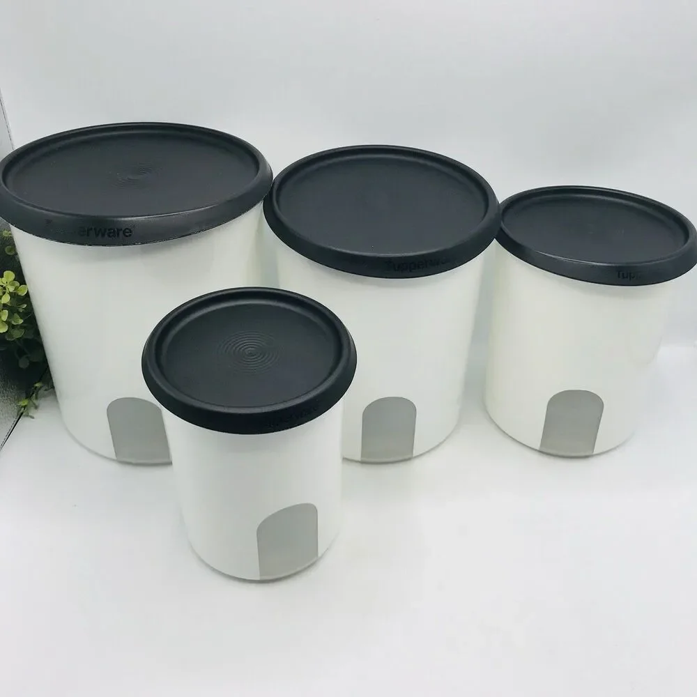 Tupperware One-Touch Reminder 4 Piece Canister Set White W/ Black Lids Tradition
